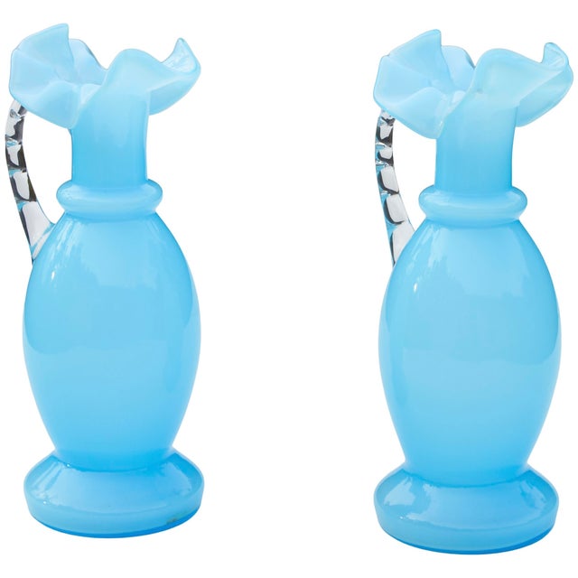 Mid 20th Century Handmade Blue Art-Glass Vases With Handles- Set of 2 For Sale - Image 4 of 8