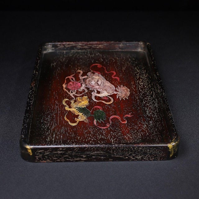 Rosewood Tray Inlaid With Mother-of-Pearl Lion Motif For Sale - Image 4 of 10