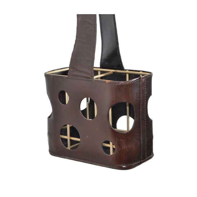 Mid-Century Modern Jacques Adnet French Leather & Brass Three Bottle Holder Wine Caddy For Sale - Image 3 of 11
