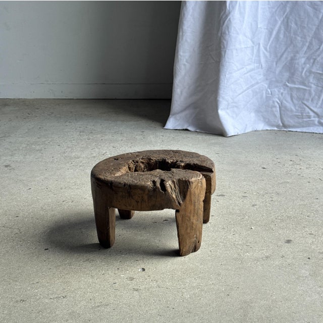 Wood Small Circular Four-Legged Stool in Organic Openwork Teak, 1980s For Sale - Image 7 of 11