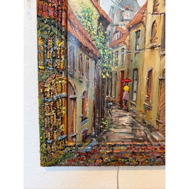 Impressionist Signed Dated European Cityscape Old Town Oil Painting W Hand Decorated Frame For Sale - Image 3 of 9