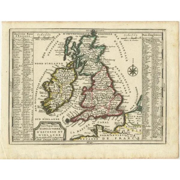 This antique map, titled "Les Royaumes d'Angleterre d'Escosse et d'Irlande," offers a detailed view of the British Isles,...