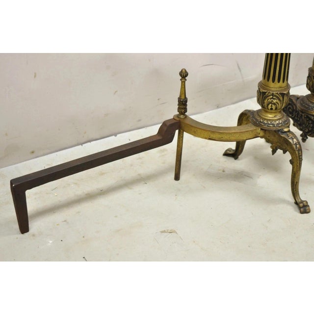 Antique French Empire Style Bronze Column Flame Finial Fireplace Andirons - Pair For Sale - Image 11 of 11