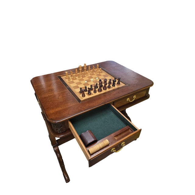 1970s Vintage Carved Wood Chess & Game Table With Two Matching Upholstered Chairs - Set of 3 For Sale - Image 9 of 10