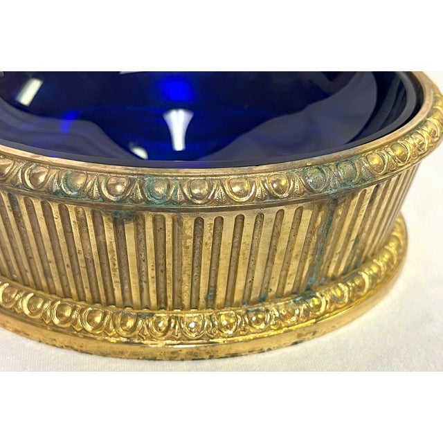 Early 1900's Georgian Style Gold Plate Oval Dish With Blue Glass Liner For Sale - Image 9 of 12
