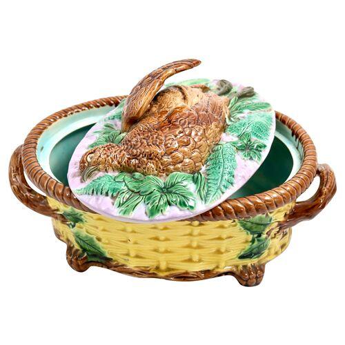 Antique English majolica heavily detail hunting pattern game dish. Although unmarked, it is of the quality and coloring of...