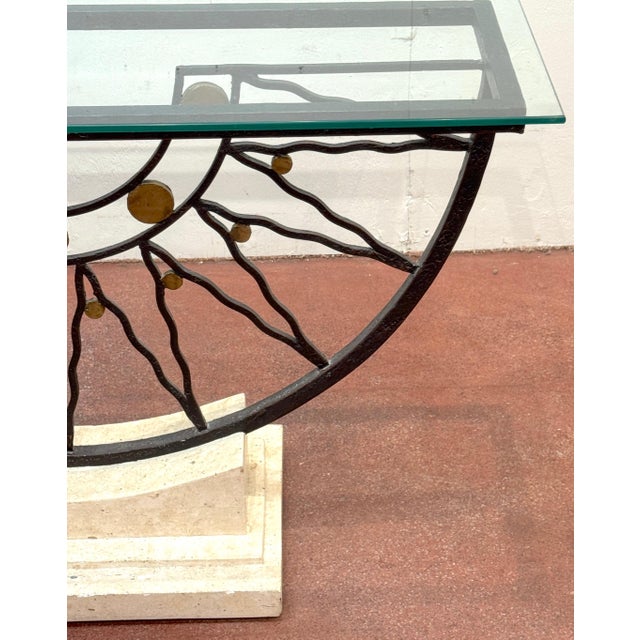 Southwest Style Mid-Century Sunburst Console Table Travertine Base and Glass Top For Sale - Image 15 of 18