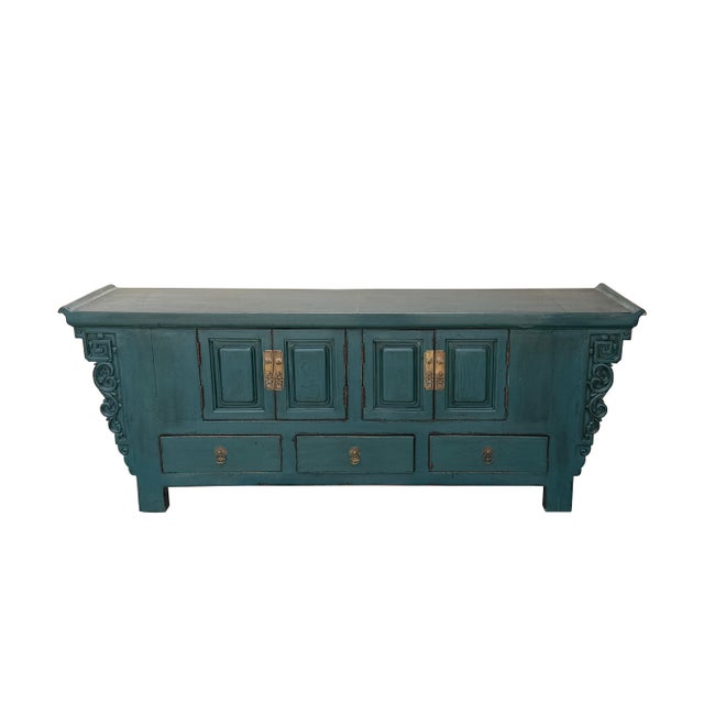 Teal Asian Style Distressed Rustic Teal Blue Low Tv Console Table Cabinet For Sale - Image 8 of 16