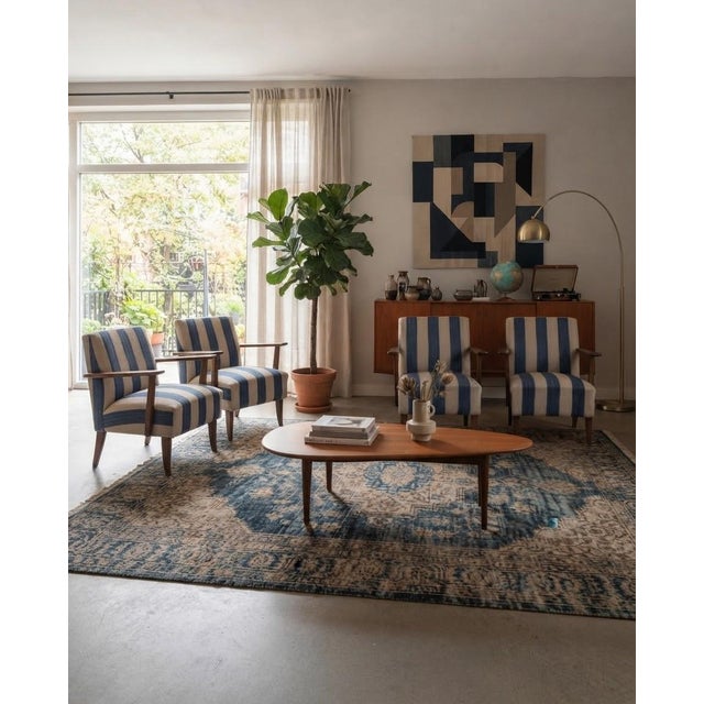 Mid-Century Modern Vintage Hungarian Lounge Chairs in Blue and Cream Striped Fabric with Wooden Frames, 1950s, Set of 4 For Sale - Image 3 of 6