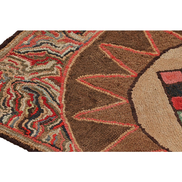 Antique Framed Hooked Rug, Brown With Colorful Medallion Mosaic - Rug & Kilim For Sale In New York - Image 6 of 7