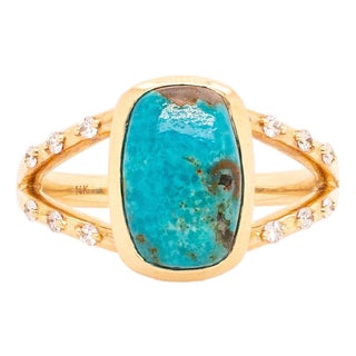 2.4Ct Turquoise Ring With Earth Mined Diamond Accents: Solid 14k Gold, Size 6.75 For Sale
