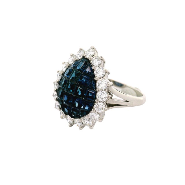 Early 21st Century Invisible-Set Sapphire Diamond Platinum Halo Ring, Size 7 For Sale - Image 5 of 6