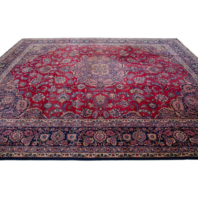 1960s 1960s Medallion Antique Persian Kashan Handmade Wool Rug in Red For Sale - Image 5 of 7