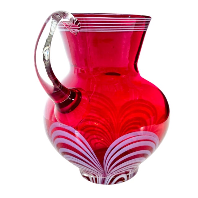 Mid-Century Modern VTG Red Hand Blown Crystal Badash Pulled Feather Drink Pitcher Durand Style 8” For Sale - Image 3 of 7