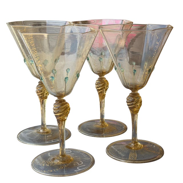 Set of 4 Antique Venetian Italian Art Glass Galliano Ferro Wine Stems.