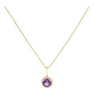 10K Yellow Gold Purple Amethyst and 1/10 Cttw Diamond Accent Halo Pendant Necklace For Sale
