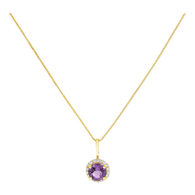 10K Yellow Gold Purple Amethyst and 1/10 Cttw Diamond Accent Halo Pendant Necklace For Sale