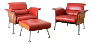 Modern Pair of Red Leather Armchairs & Ottoman by Wilkhahn