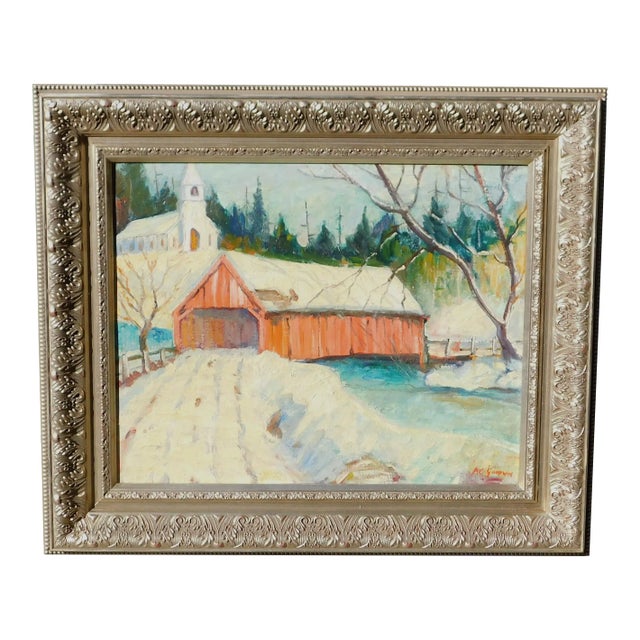 Arthur Goodwin B.1864 Vintage Winter Snow Scene Oil Painting For Sale