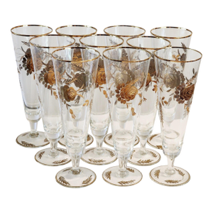 1960s Set of 10 24k Gold Encrusted Crystal Champagne Flute Pilsner Barware Set