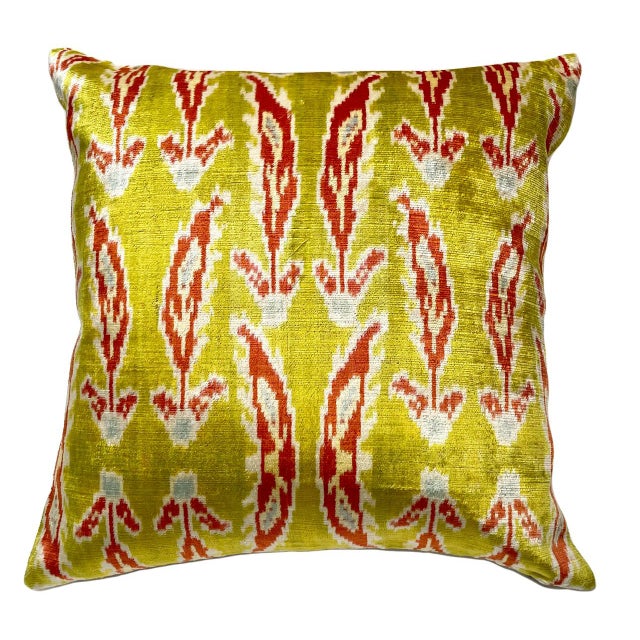 Mediterranean Chartreuse Silk Velvet Ikat Pillow For Sale - Image 3 of 3