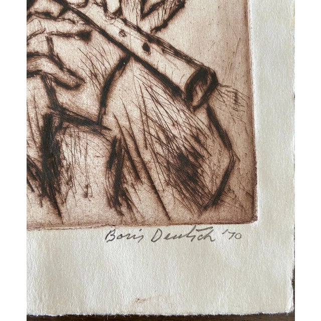 Late 20th Century Boris Deutsch, Shtetl Village Doodka Player Judaica Jewish California Modernist Artist Etching, 1970 For Sale - Image 5 of 7