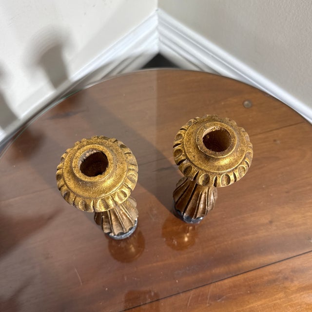Vintage Gilt Candlestick Holders Pair Elegant Fluted Design Hollywood Regency Style Decor For Sale - Image 4 of 6