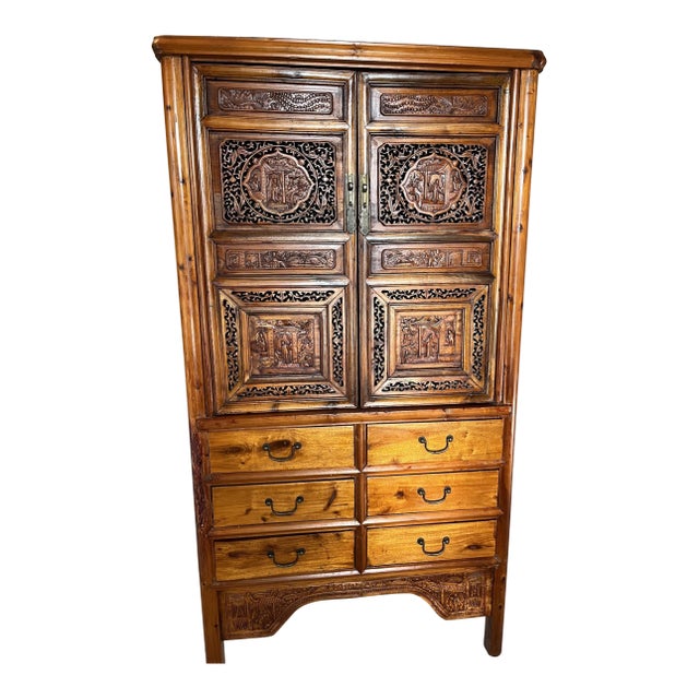Antique Chinese Carved Wooden Wedding Cabinet For Sale
