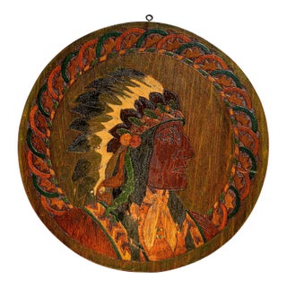 1900s Native American Indian Chief Pyrography Plaque Antique Hand Painted Folk Art Wood Wall Hanging Home Decor For Sale