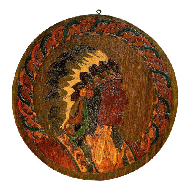 1900s Native American Indian Chief Pyrography Plaque Antique Hand Painted Folk Art Wood Wall Hanging Home Decor For Sale