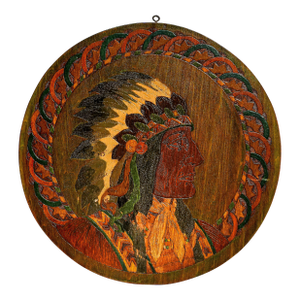 1900s Native American Indian Chief Pyrography Plaque Antique Hand Painted Folk Art Wood Wall Hanging Home Decor