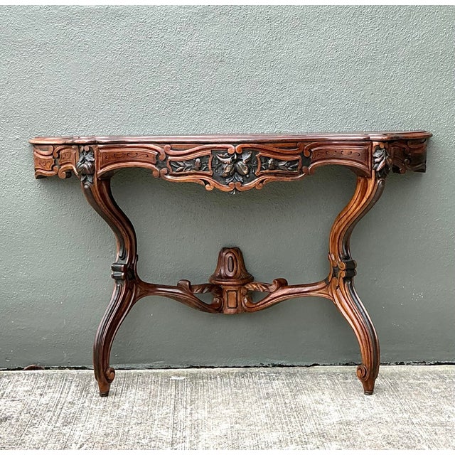 Brown Vintage Hand Carved Demilune Wall Mount Console Table For Sale - Image 8 of 12