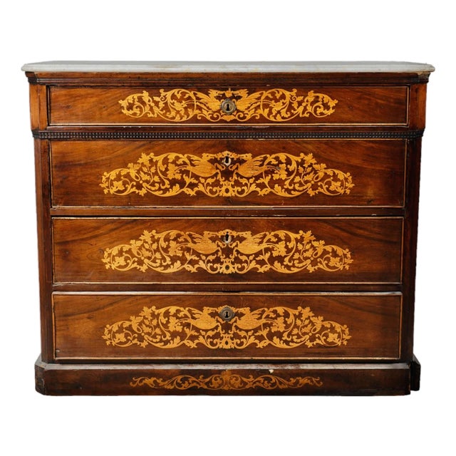 Antique Italian Neoclassical Walnut Commode With Marble Top & Satinwood Griffin Marquetry, Circa 1820–1840 For Sale