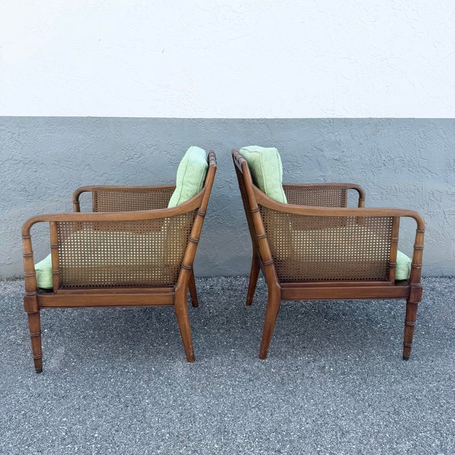 Hollywood Regency Vintage Hollywood Regency Faux Bamboo and Cane Green Tufted Lounge Chairs For Sale - Image 3 of 12