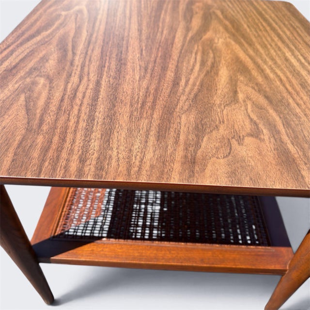 Pair of 1963 Lane Walnut End Tables | Style 1038-18, Formica & Cane For Sale In Columbus - Image 6 of 11