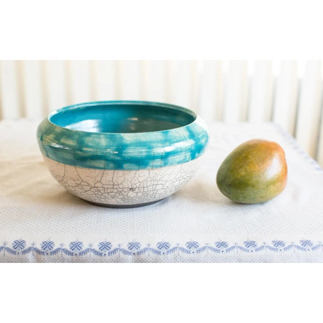 1980s Vintage California Studio Raku Pottery Bowl, With Turquoise & White Crackle Glaze For Sale - Image 12 of 12