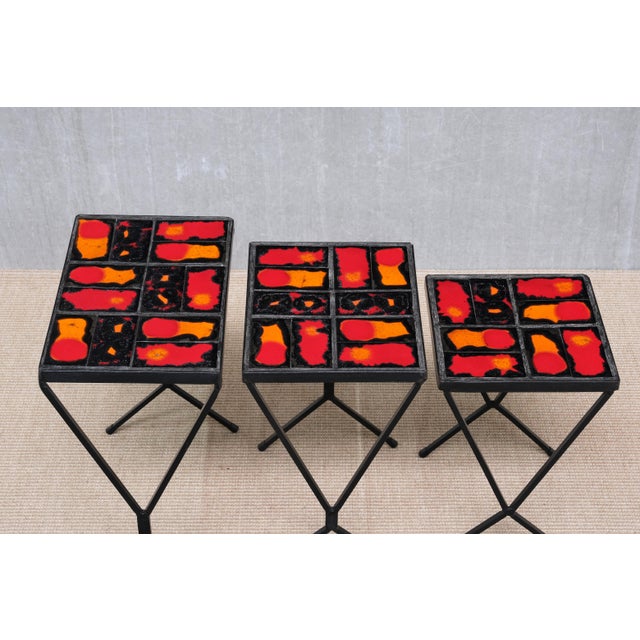 Red French Modern Nesting Tables with Red and Orange Ceramic Tile Tops, 1950s, Set of 3 For Sale - Image 8 of 15