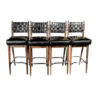 Mid-Century Danish Wood & Chrome Woven Leather Barstools - Set of 4 For Sale