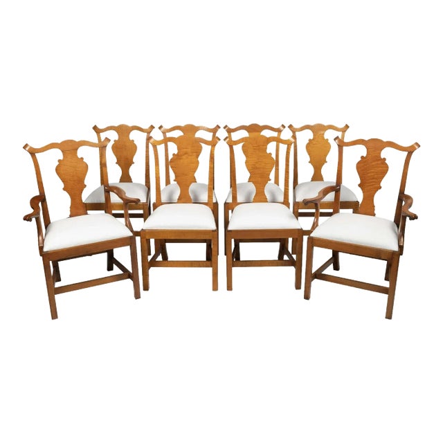 Eldred Wheeler Chippendale Style Tiger Maple Dining Chairs Bench Made - Set of 8 For Sale