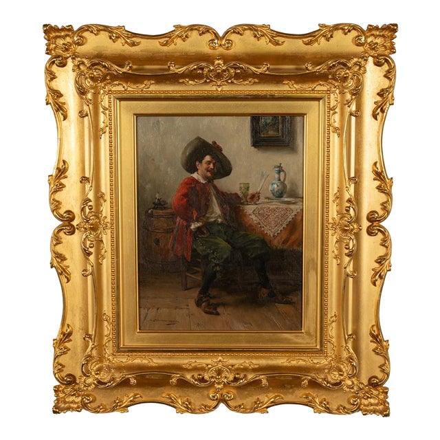 Antique German Genre Oil Painting Portrait Cavalier Drinking Wine by Albert Friedrich Schroder, 1899 For Sale