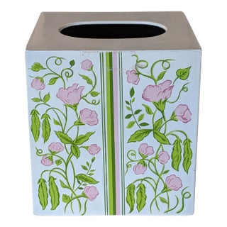 Vintage Green and Pink Floral Ticking Striped Tissue Box Cover For Sale