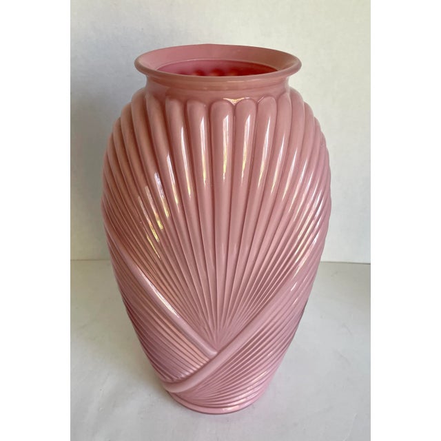 Glass Vintage Postmodern Deco Ribbed Pink Glass Vase For Sale - Image 7 of 10