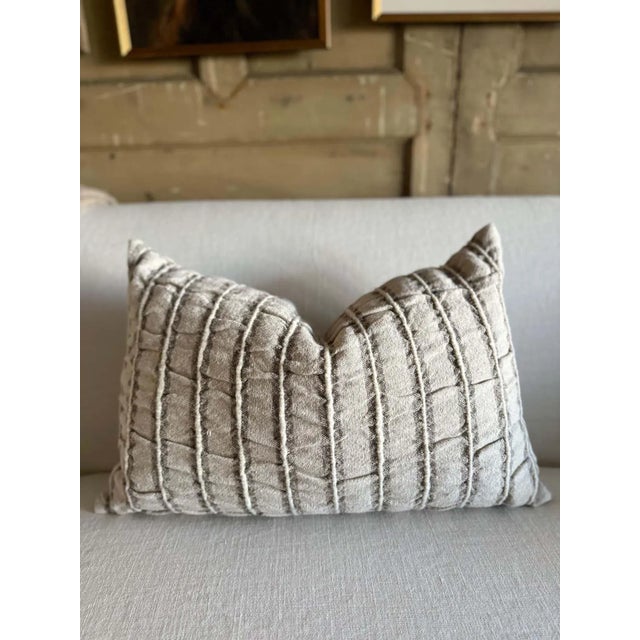 Linen and Wool Stripe Pillow Nubby textured linen with woven wool stripes. Color: Gray / White Hidden Zipper closure...