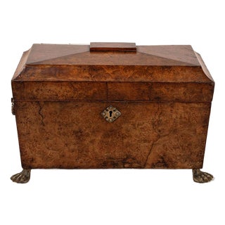 Antique Burl Walnut Tea Caddy With Claw Feet For Sale