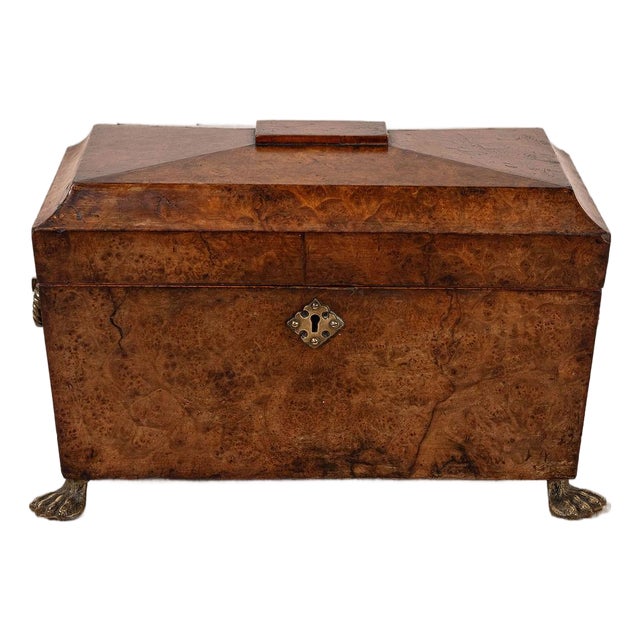 Antique Burl Walnut Tea Caddy With Claw Feet For Sale