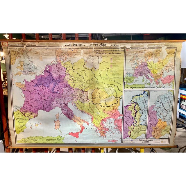 German Fabric, Paper & Pine Map, 1950s, in Good conditions. Designed 1950 to 1959