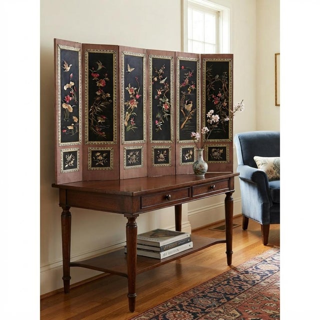 Exquisitely crafted, this vintage six-panel tabletop folding screen is made of wood with vintage marks light pink color...