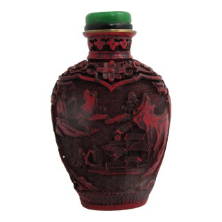 Vintage Chinese Red Cinnabar Lacquerware Village Scene Snuff Bottle For Sale