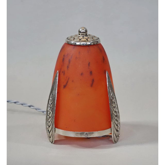 E. Val & Schneider A cute French 1925-1930 art deco night lamp in nickel plated solid brass and a shade by Schneider in...