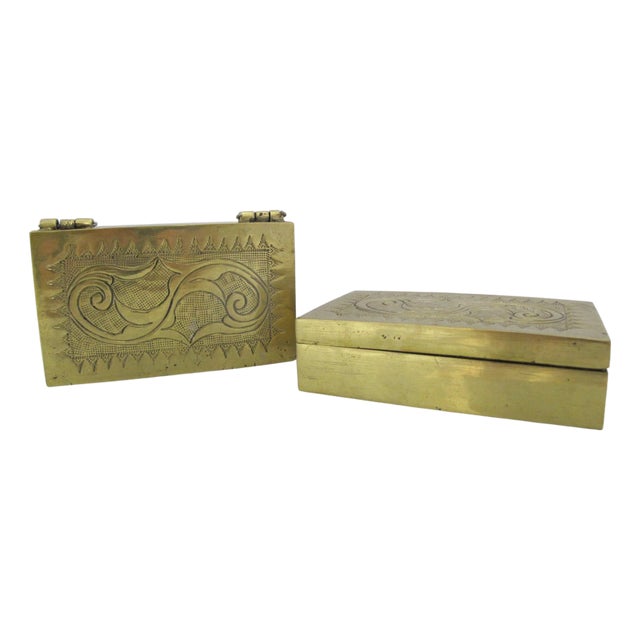 Vintage Betel Nut Engraved Scroll Brass Philippines Snuff Box Pair For Sale